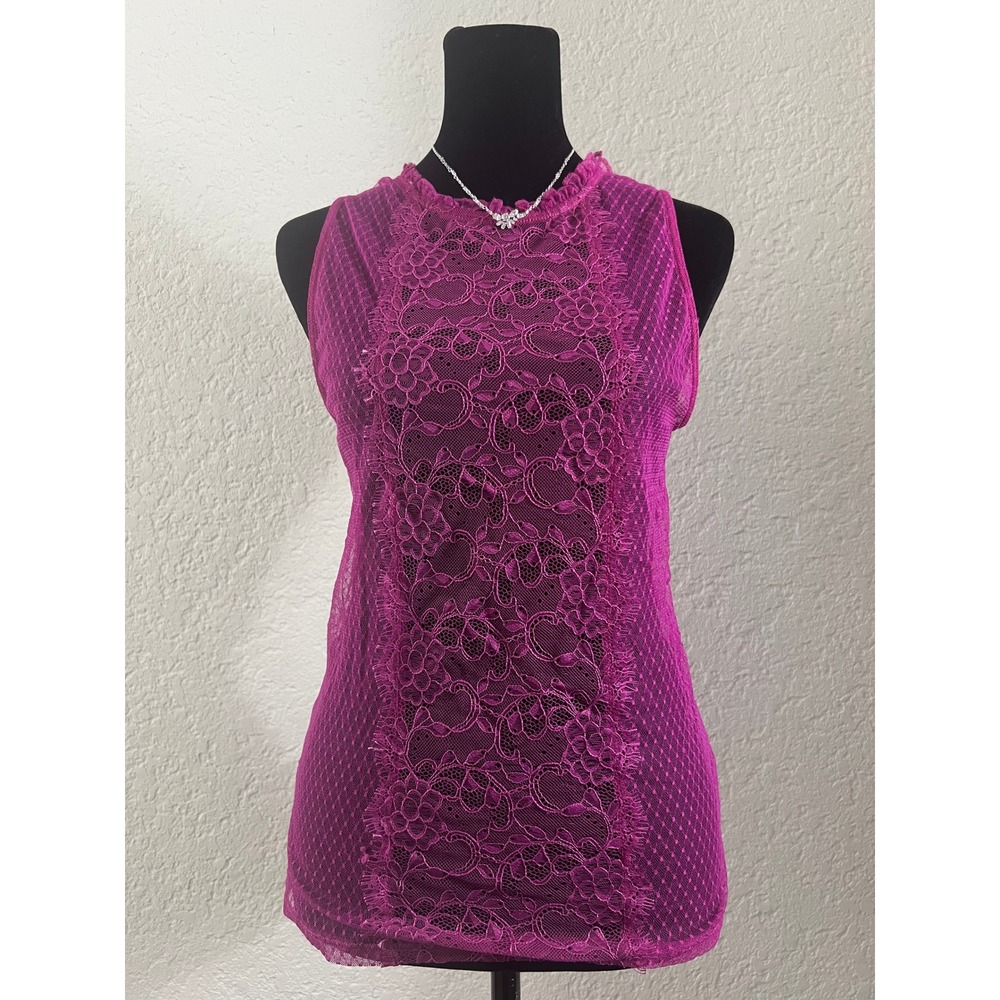 Y2K Magenta Purple Sheer Mesh Lace Mock Neck Tank Top Sleeveless Layering